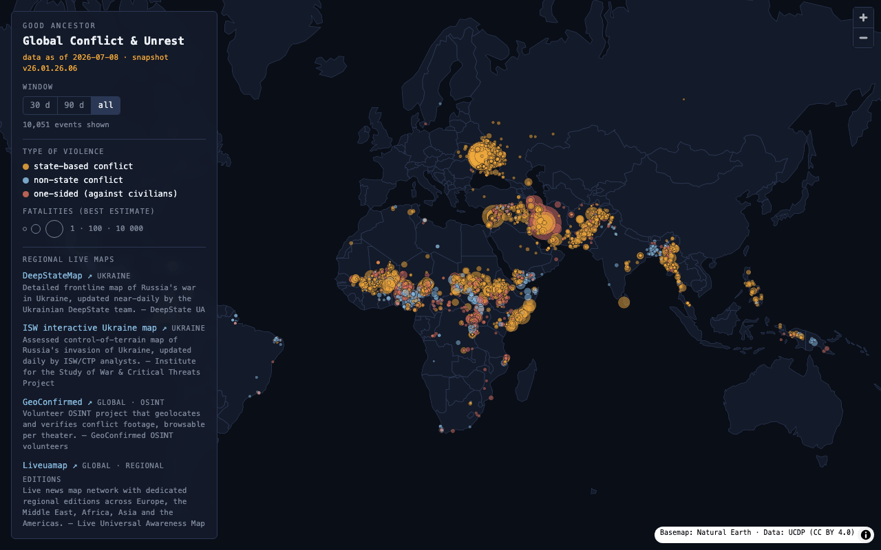 Dark world map with sized, colour-coded circles marking organized-violence events, beside a filter panel.