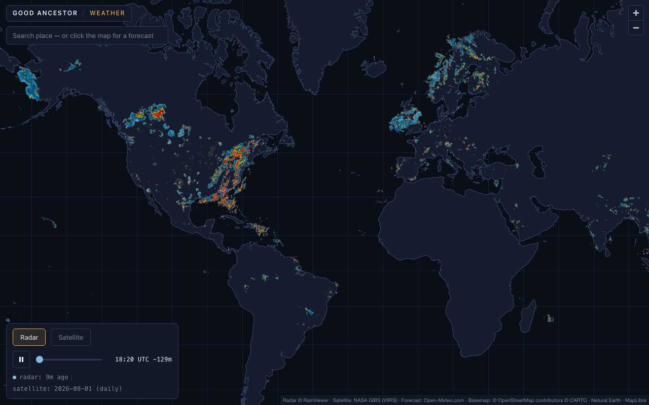 Dark world map with live precipitation radar clusters over the continents and a radar playback control.