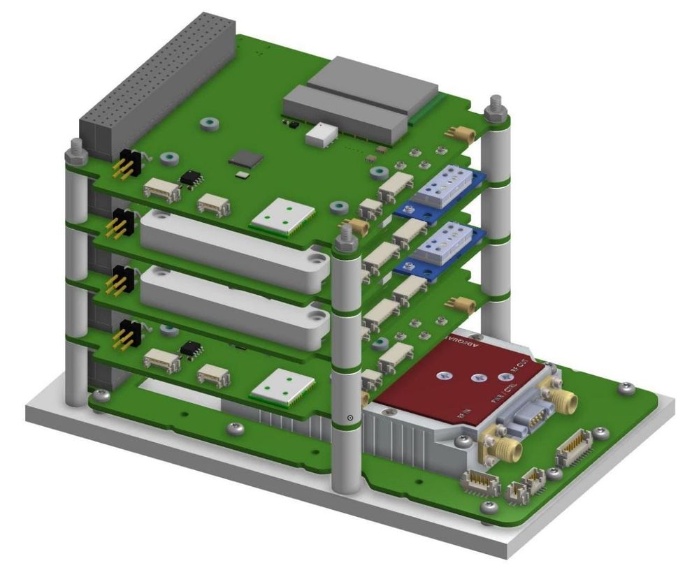 CAD render of the Kilakila payload: stacked circuit boards on standoffs with an RF module